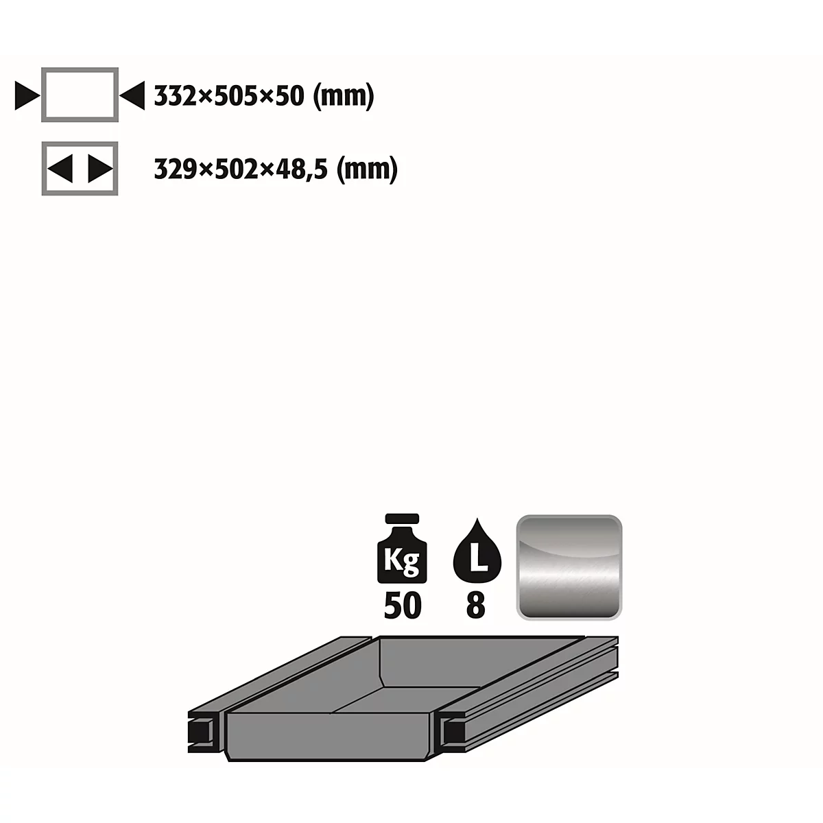 Grey drawer, dimensions, and symbols for weight and volume. Inscription: 50 kg, 8 liters.