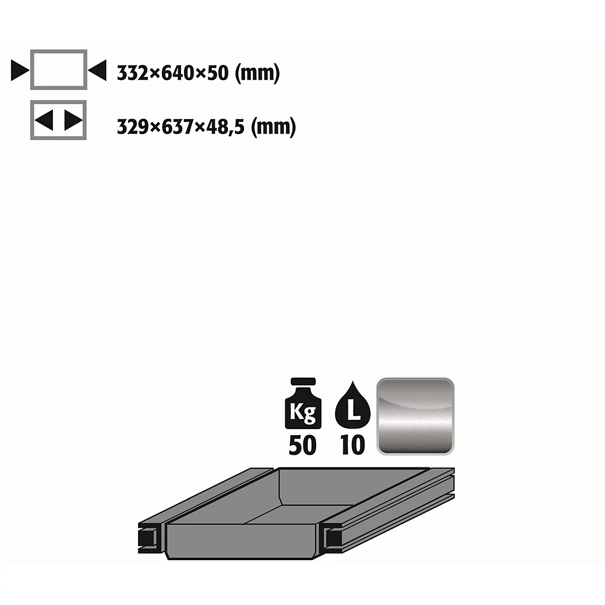 Graphic with dimensions and pictograms. Dimensions: 332x640x50 mm and 329x637x48.5 mm. Weight and volume: 50 kg, 10 l.