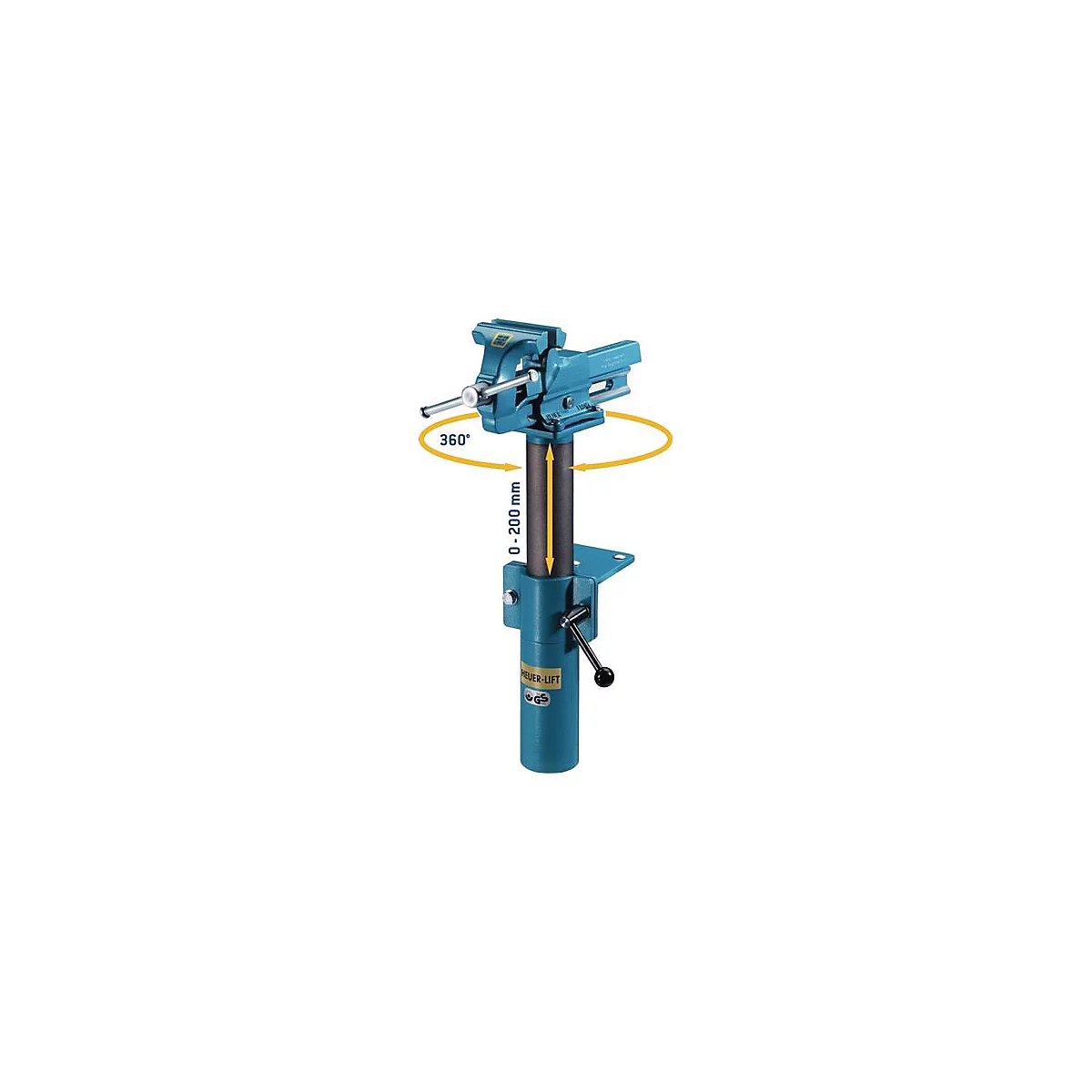 Étau d'établi bleu avec tête rotative et support réglable en hauteur. Des flèches jaunes indiquent la rotation et le réglage en hauteur.