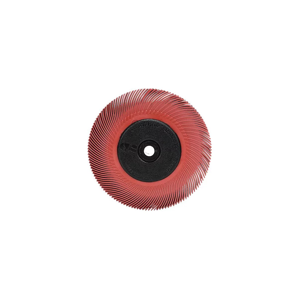 Brosse radiale rouge, circulaire avec centre noir, lettrage. Un trou au milieu.