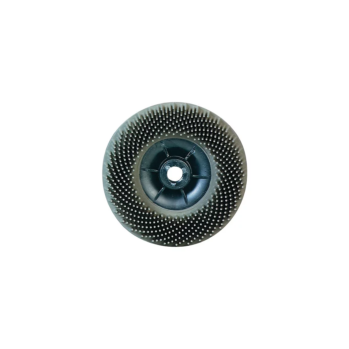 Disque de ponçage gris, avec des poils et une fixation centrale.