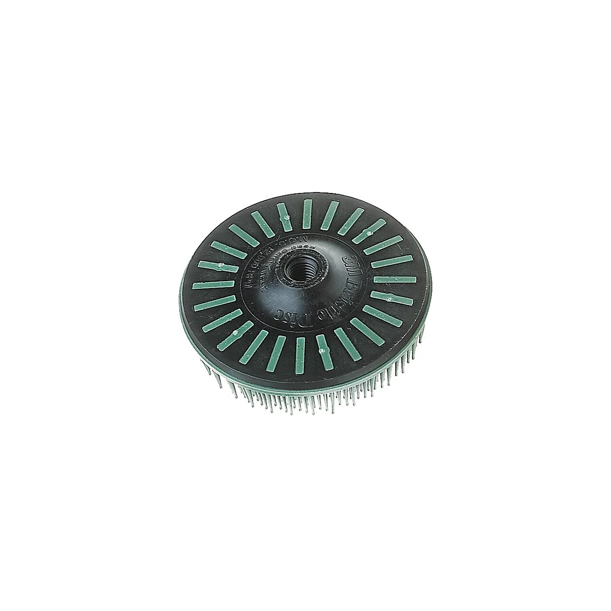 Disque brosse 3M noir avec éléments verts, soies argentées et filetage. Label: 3M Bristle Disc.
