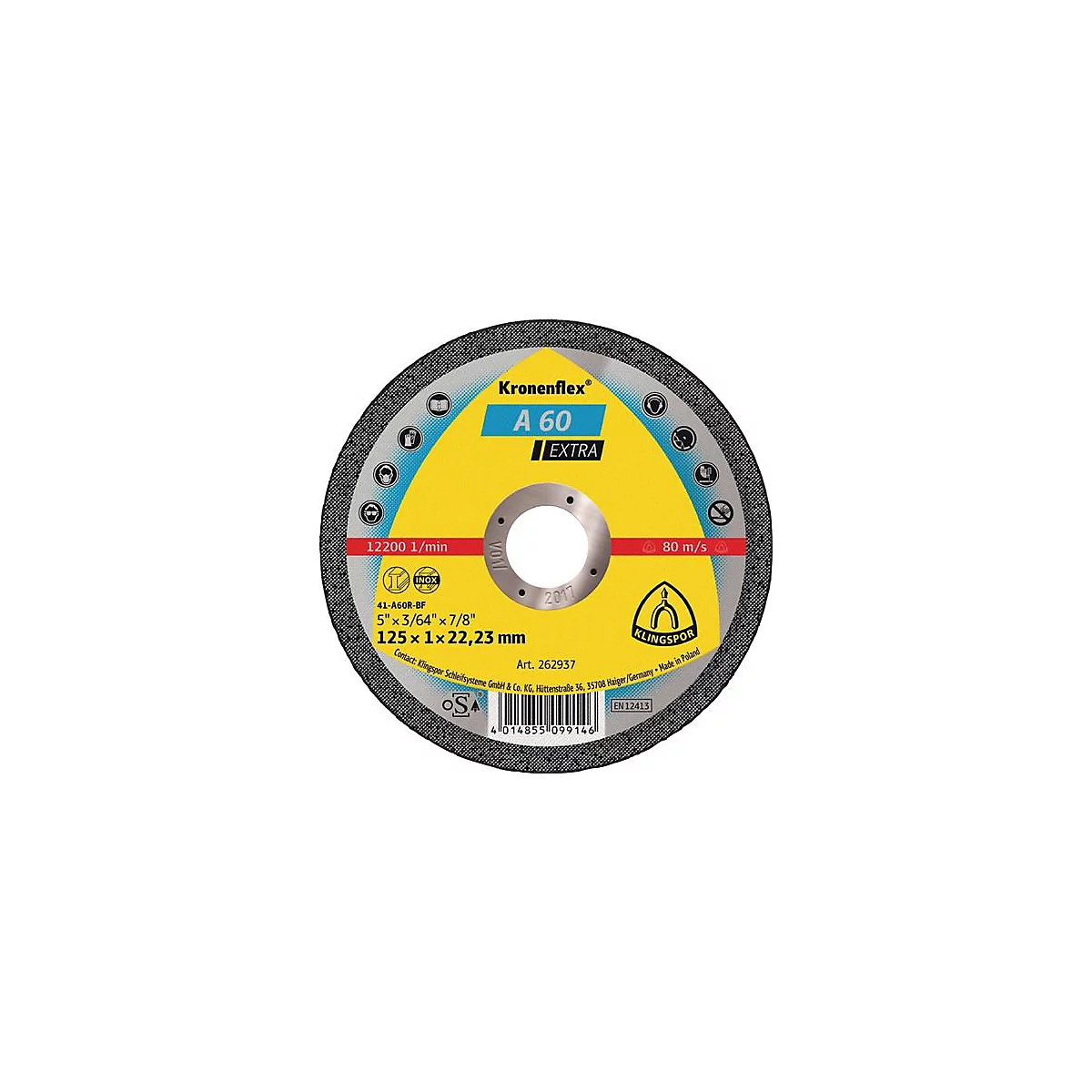 Disque à tronçonner A 60 Extra D115x1mm droit.INOX perçage 22,23mm KLINGSPOR