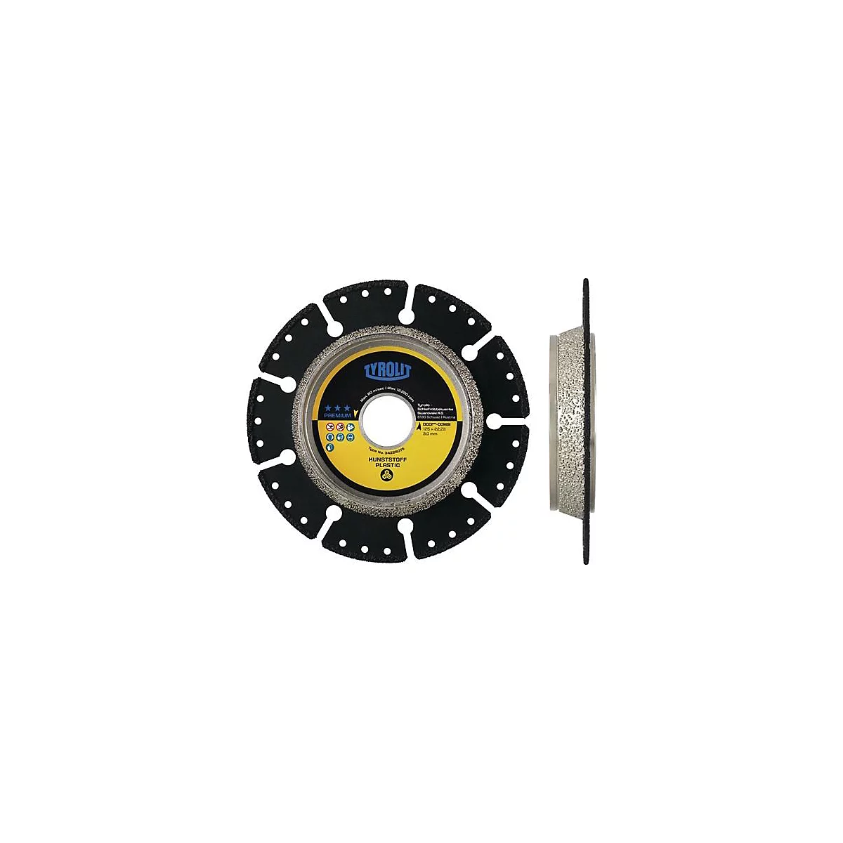 Disque à tronçonner circulaire Tyroleit avec bord noir, autocollant jaune avec texte.