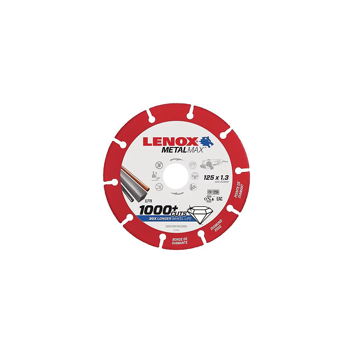 Disque de coupe en métal rond avec des éléments rouges et des lettres blanches.