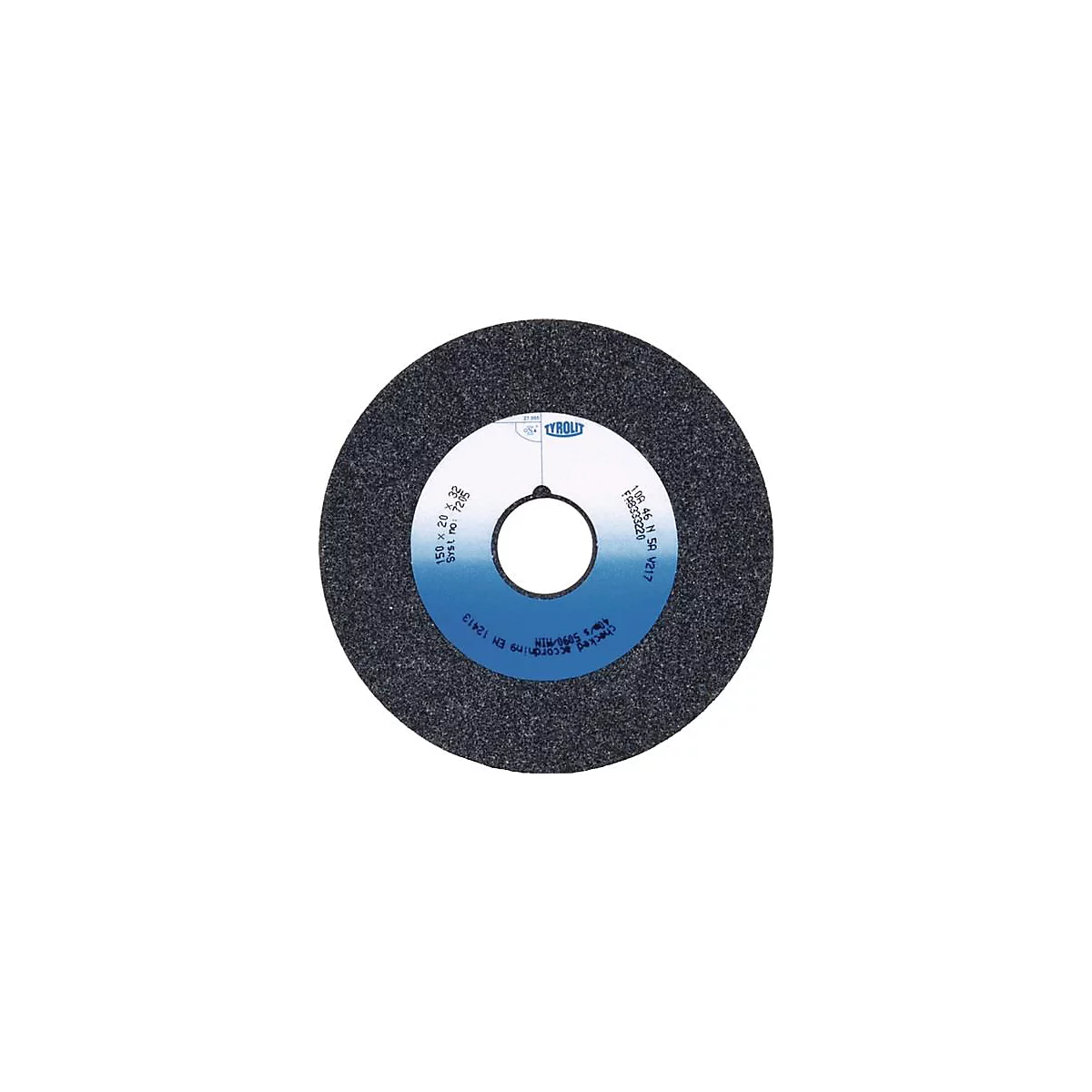 Disque de meulage gris avec noyau bleu, informations sur le produit imprimées.
