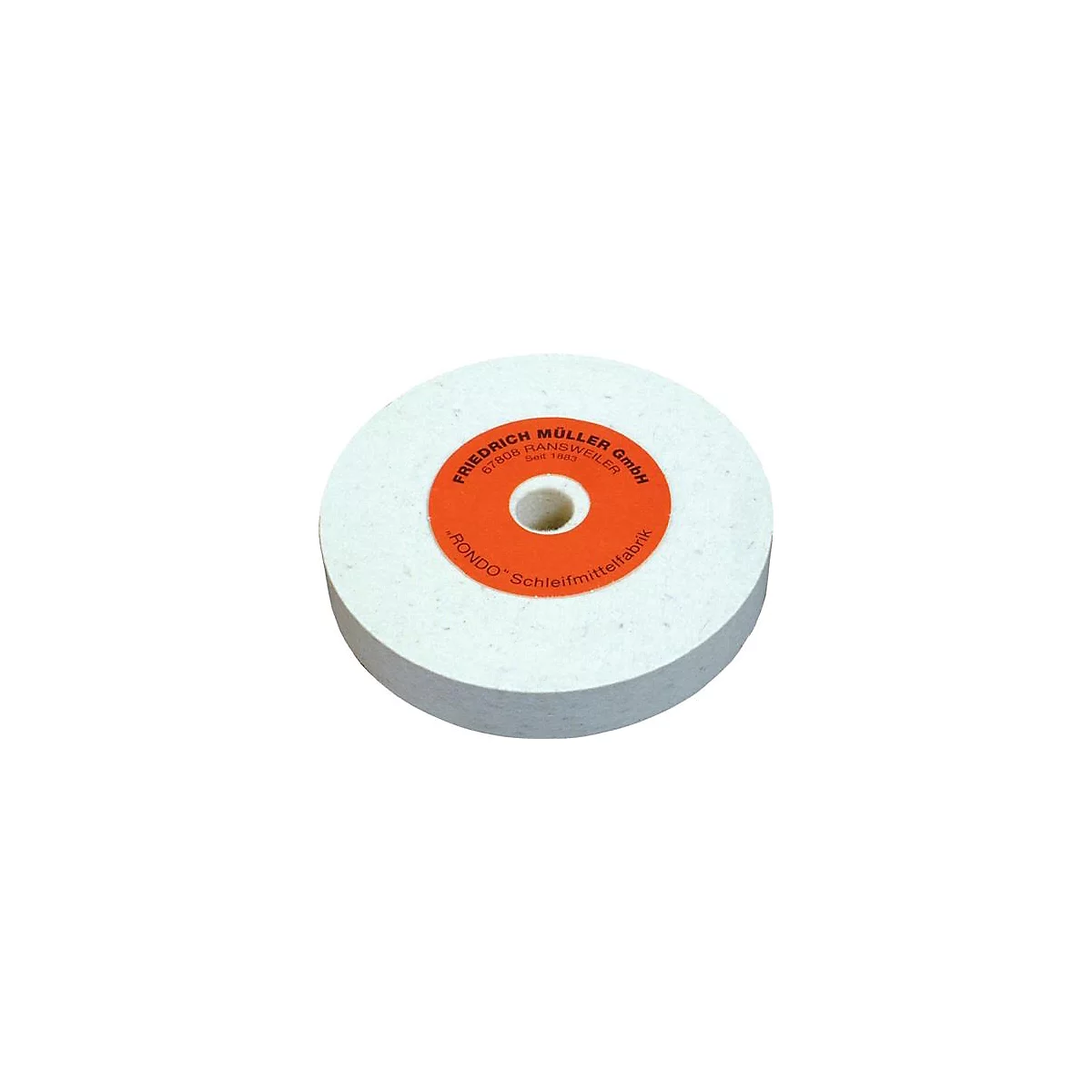 Une meule blanche avec un centre orange contenant des informations sur le fabricant.