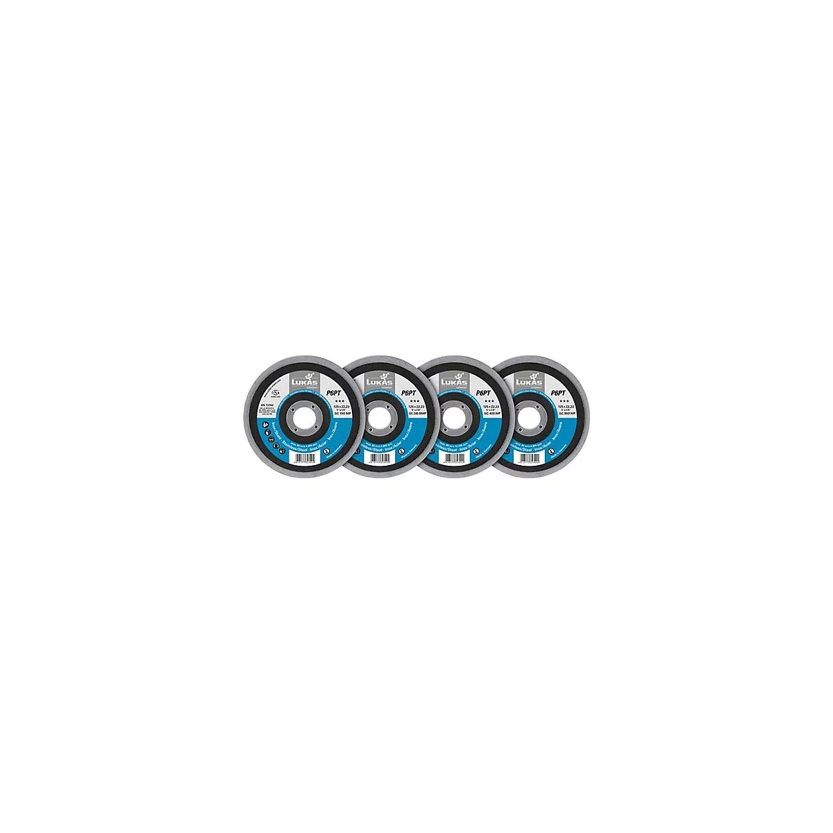 Quatre disques abrasifs au design blanc, bleu et gris. Inscription : LUKAS, P6PT. Spécifications de taille et code-barres.
