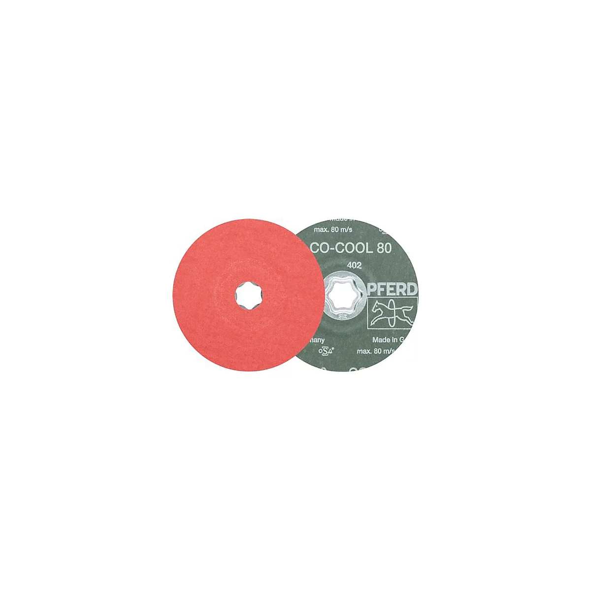 Deux disques abrasifs. Un disque rouge avec un trou au milieu. À côté, un disque vert avec l'inscription CO-COOL 80, le logo Pferd et des informations.