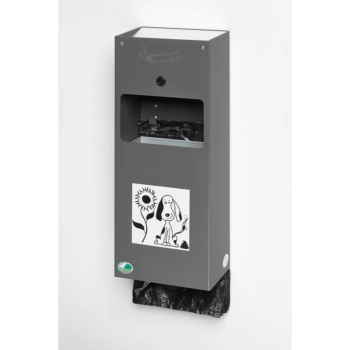 Distributeur à sachets pour excréments canins verrouillable avec cendrier et dispositif de collecte des sachets usagés inclus, hématite