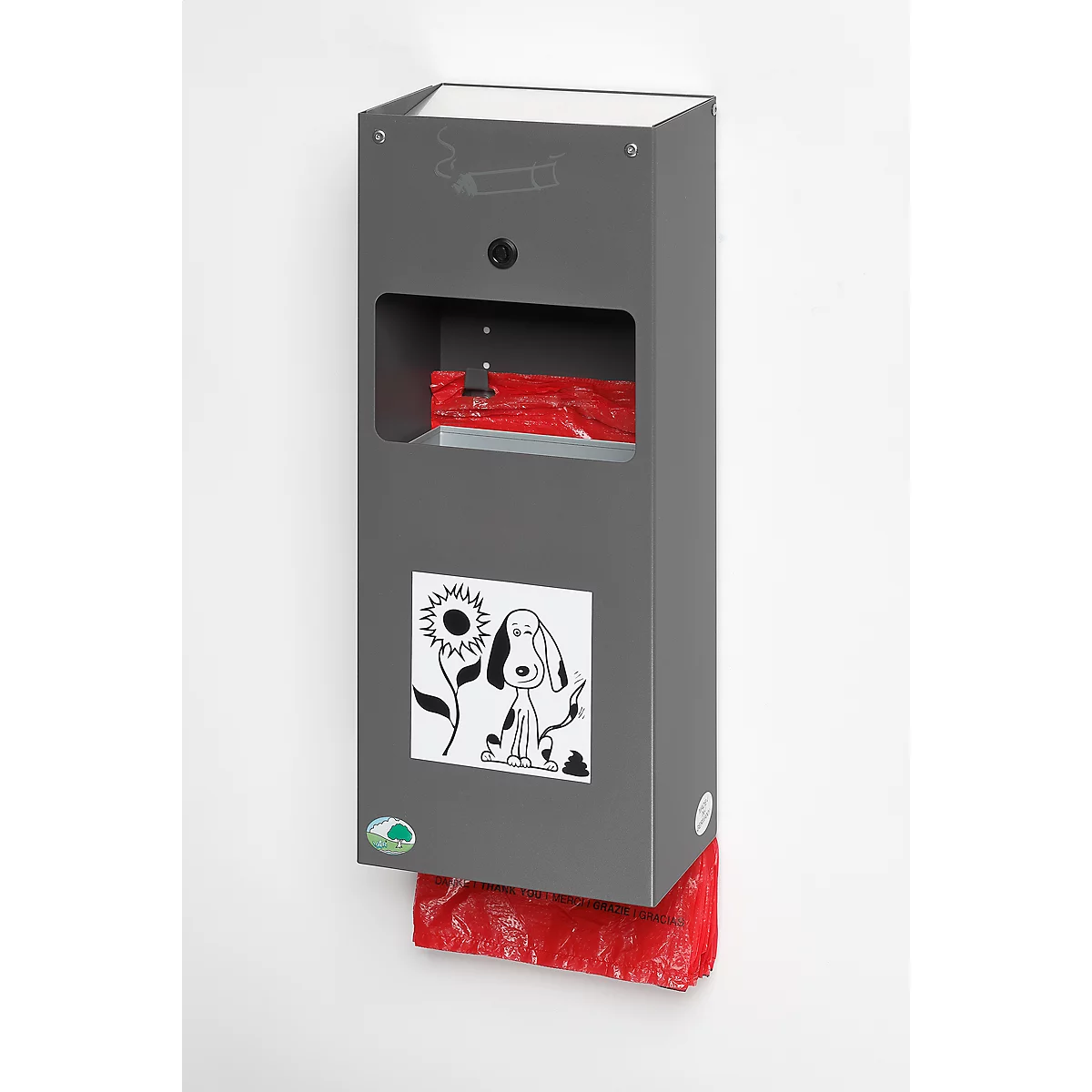 Distributeur à sachets pour excréments canins verrouillable avec cendrier et dispositif de collecte des sachets usagés inclus, hématite