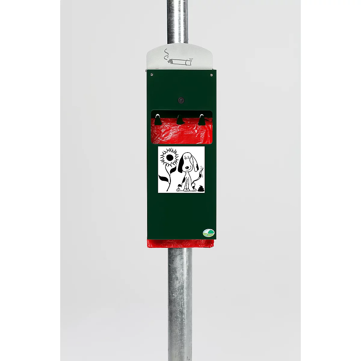Distributeur à sachets pour excréments canins verrouillable avec cendrier et dispositif de collecte des sachets usagés inclus, vert mousse