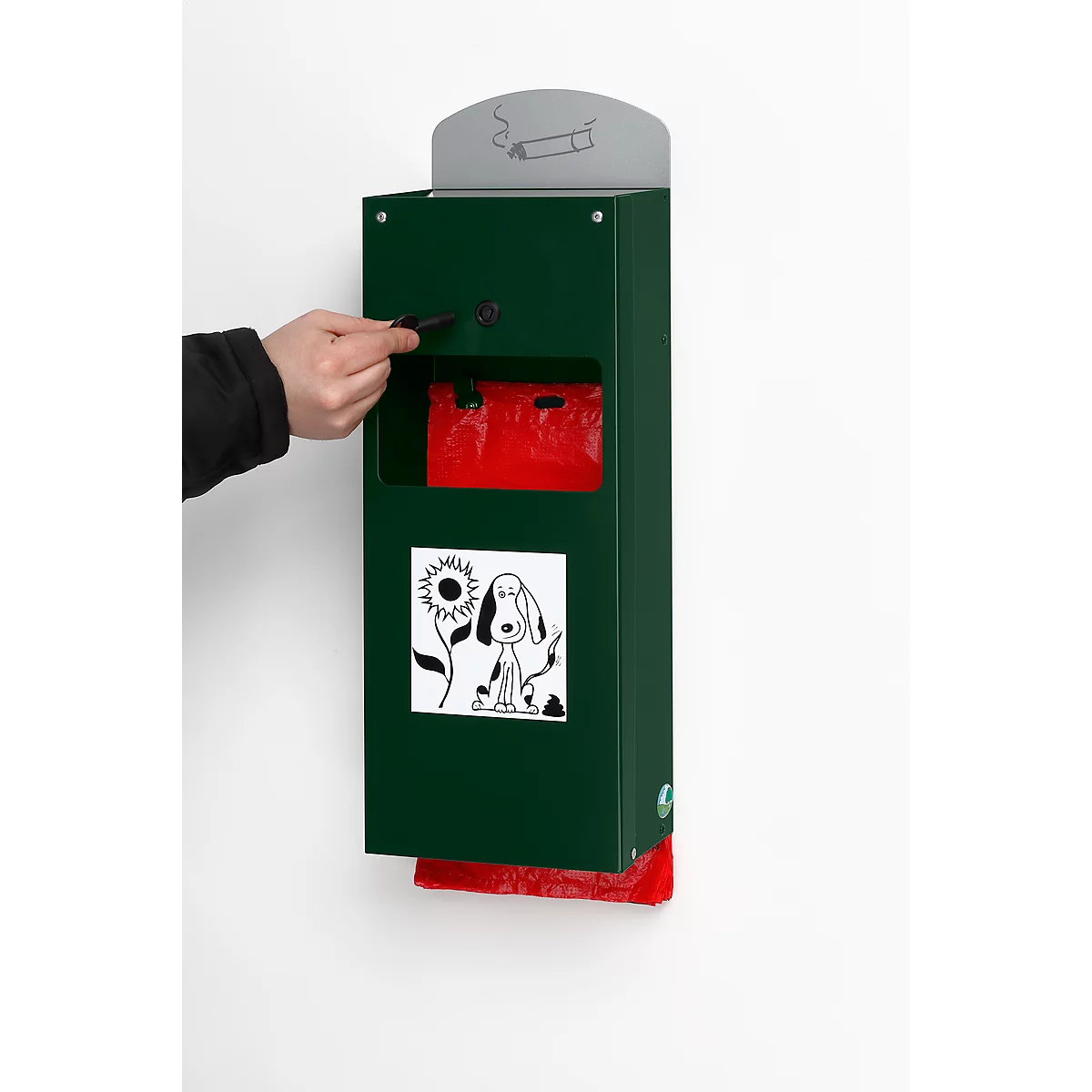 Distributeur à sachets pour excréments canins verrouillable avec cendrier et dispositif de collecte des sachets usagés inclus, vert mousse