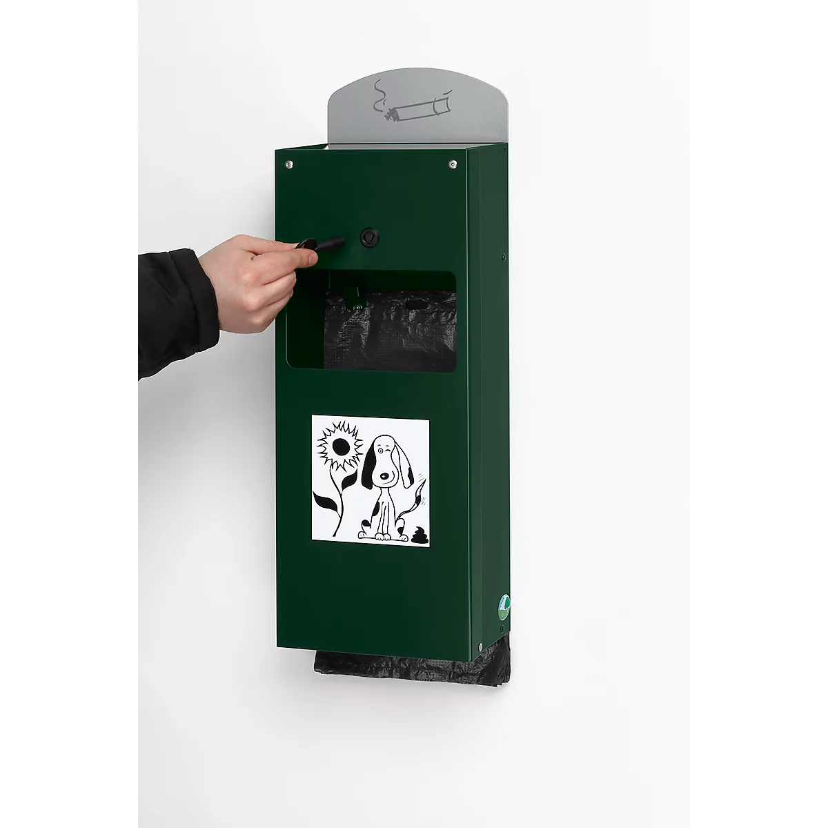 Distributeur à sachets pour excréments canins verrouillable avec cendrier et dispositif de collecte des sachets usagés inclus, vert mousse