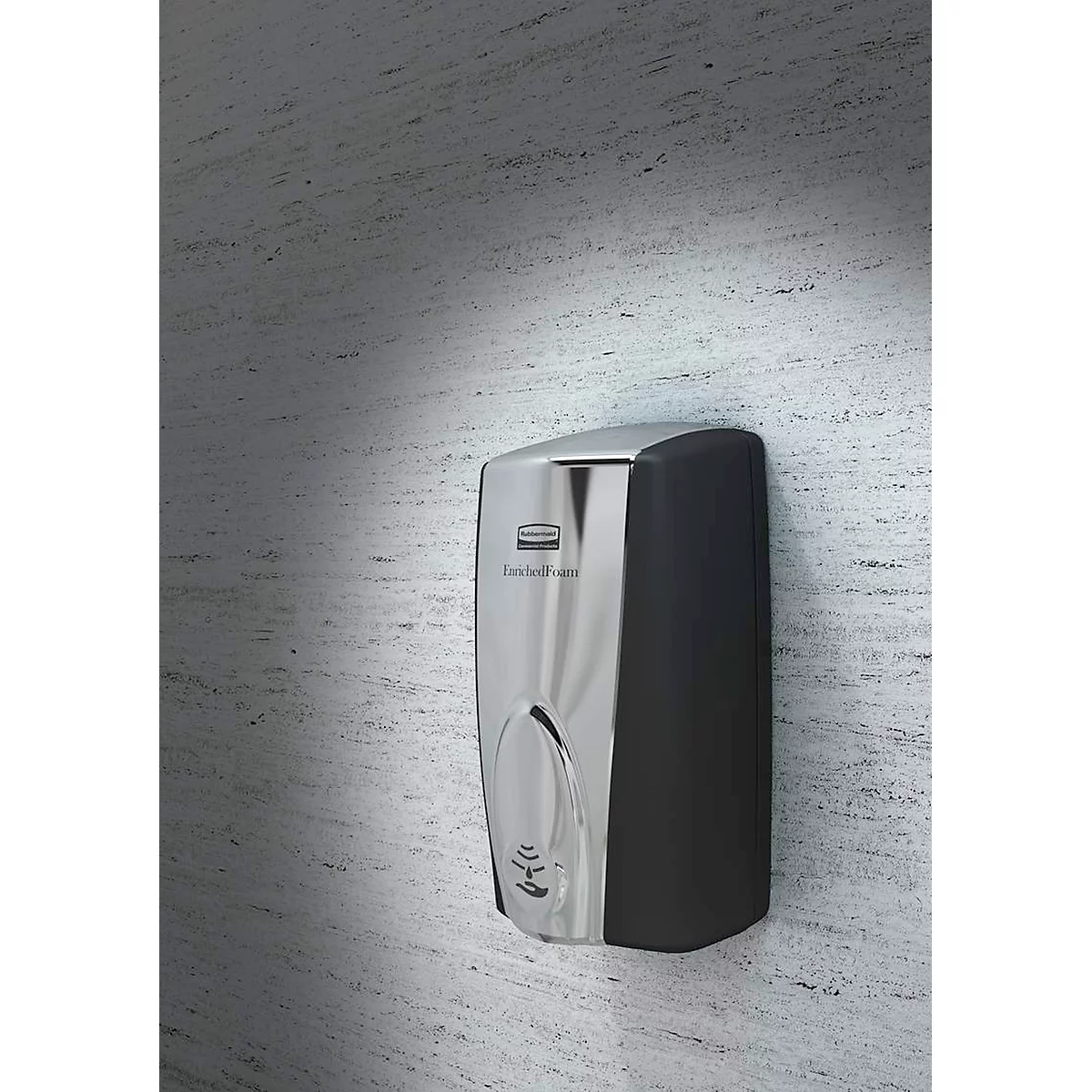 Distributeur automatique de savon et de désinfectant Rubbermaid AutoFoam, 1100 ml, sans contact, f. mur/support, noir/argent chromé