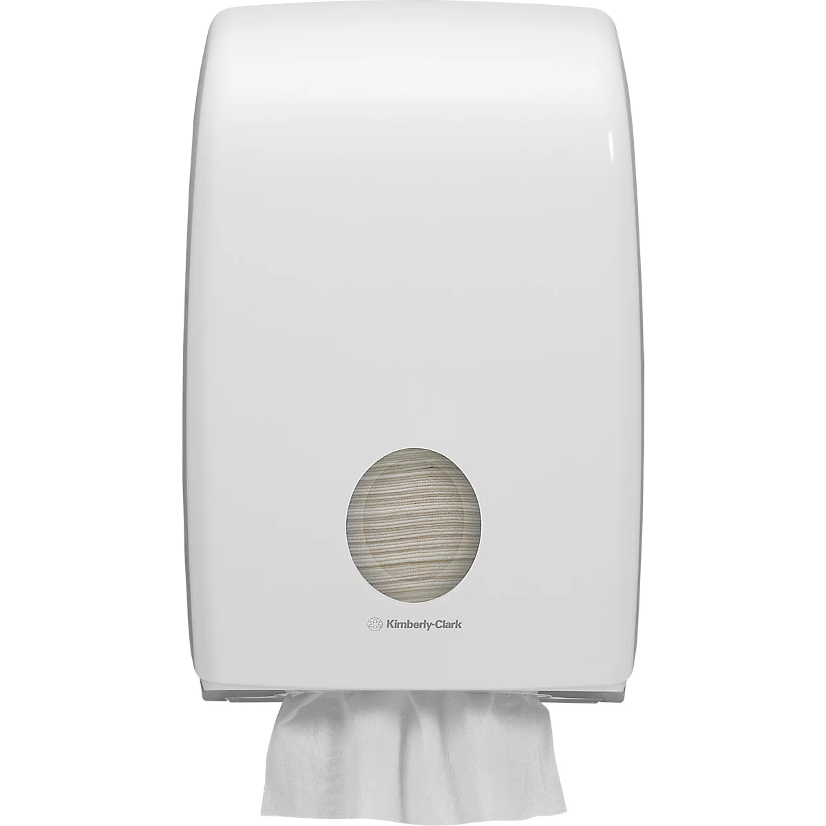Distributeur d'essuie-mains en papier blanc avec logo Kimberly-Clark, les essuie-mains en papier sortent par le bas.
