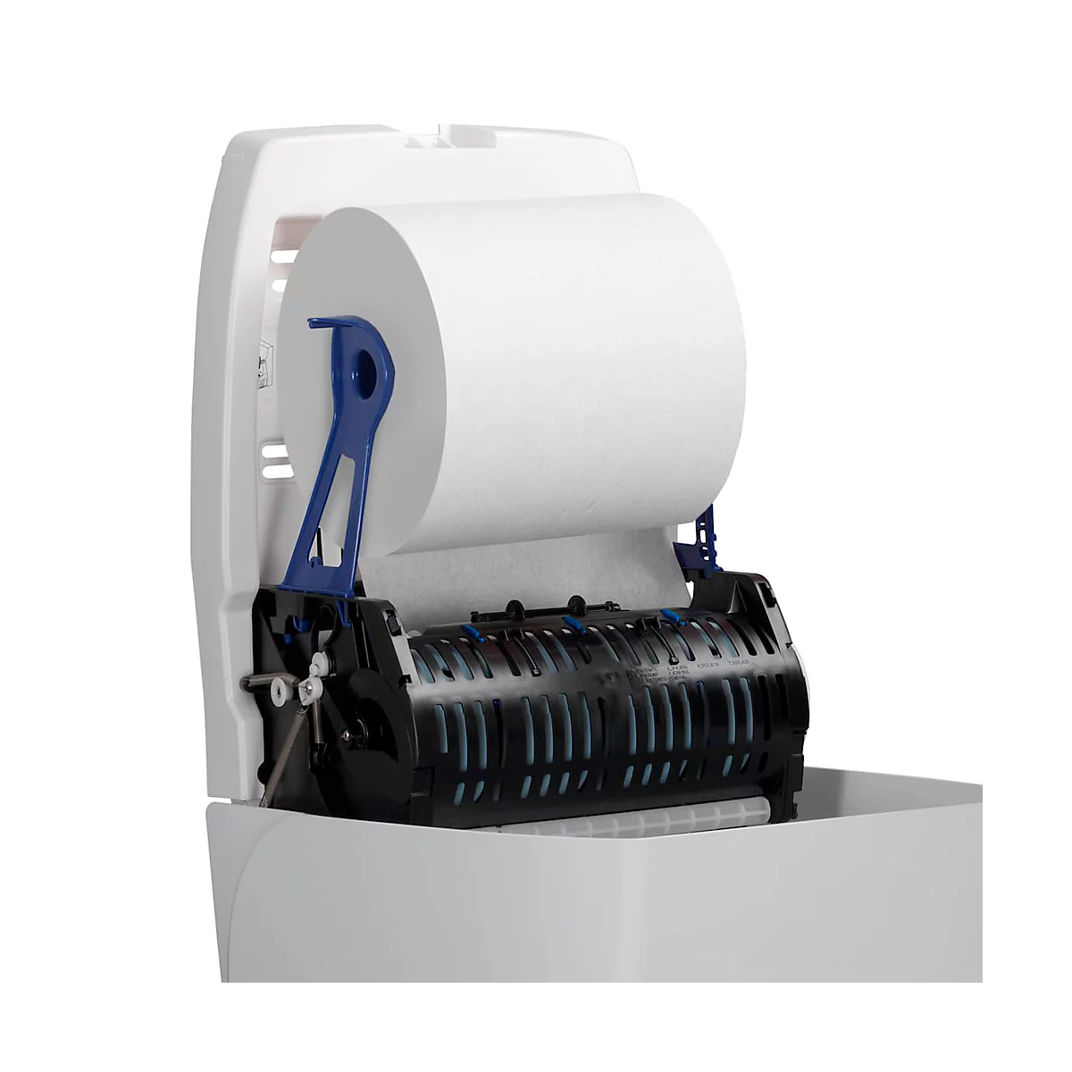 Distributeur d'essuie-mains avec un rouleau de papier, un support bleu et un rouleau noir.