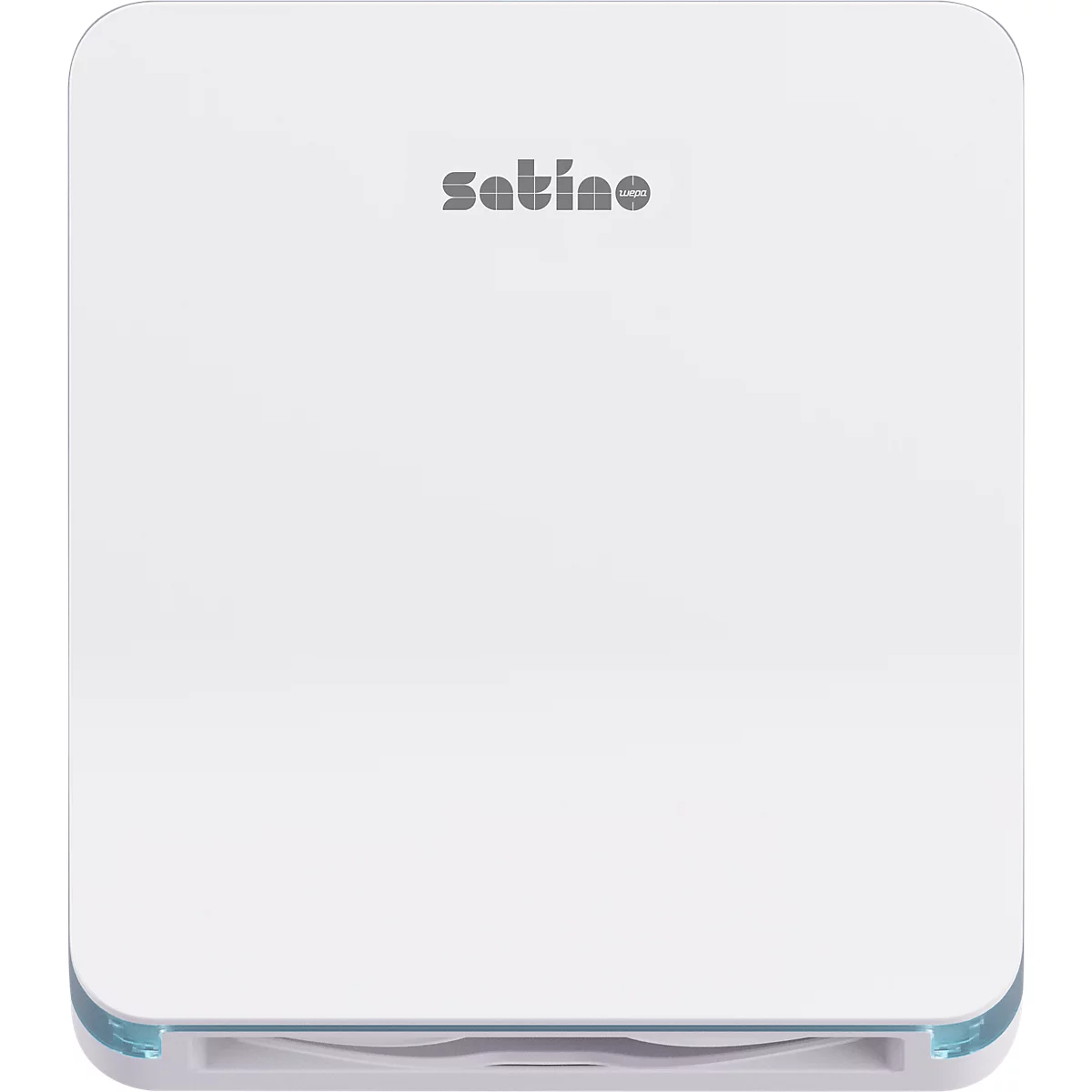 Balance personnelle blanche avec le mot "satino". Coins arrondis et une bande bleue en bas.