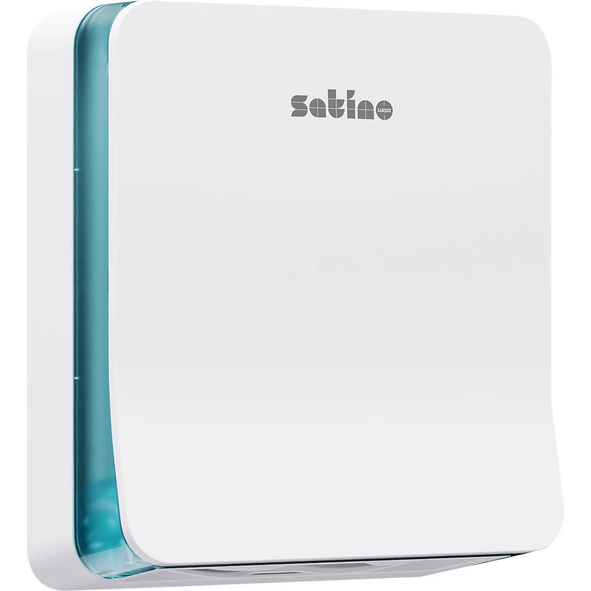 Appareil rectangulaire blanc aux coins arrondis et avec le mot "satino". Accents bleus sur un côté.