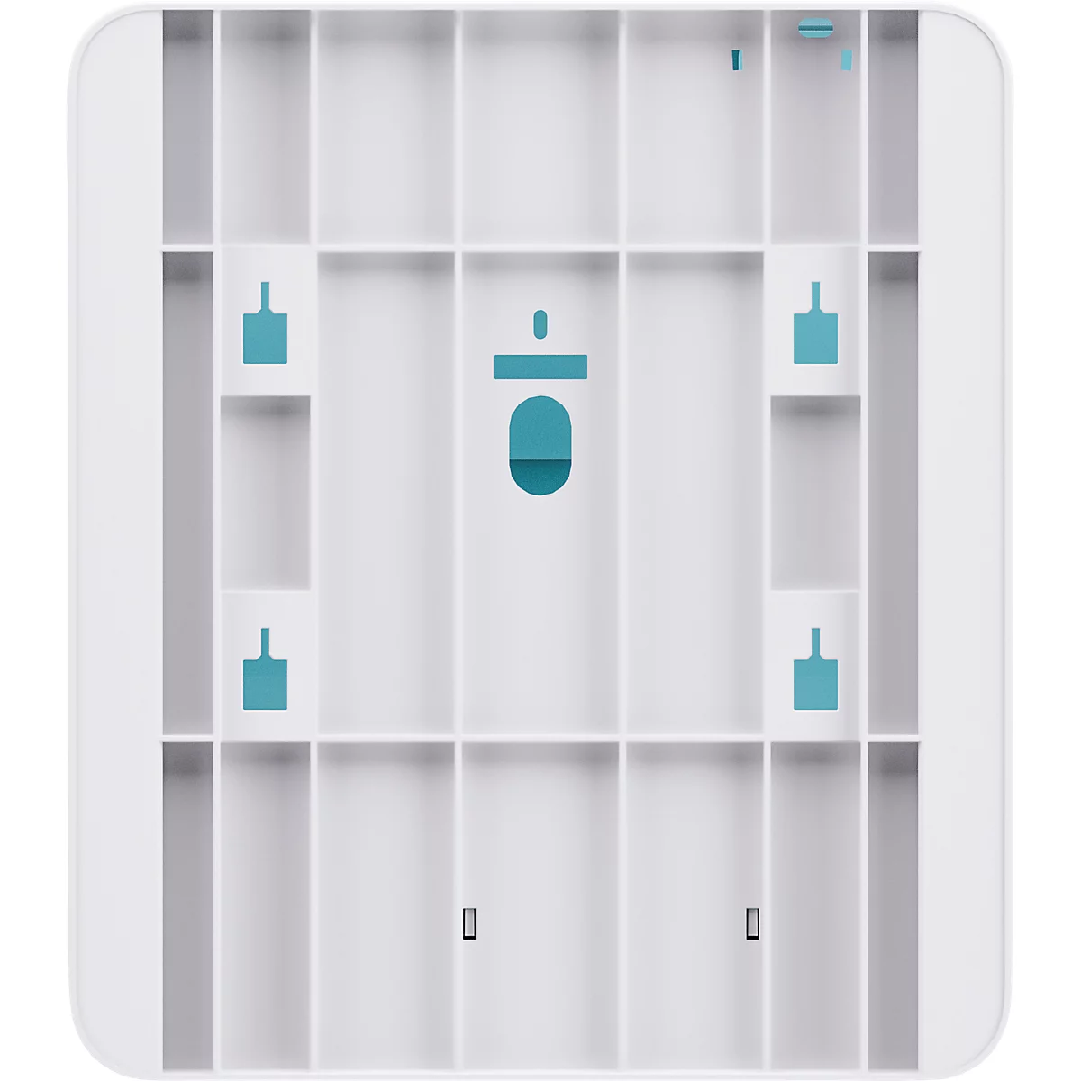 Base blanc brillant d'un appareil technique avec des compartiments rectangulaires et des détails turquoise. Un symbole de goutte turquoise au milieu.