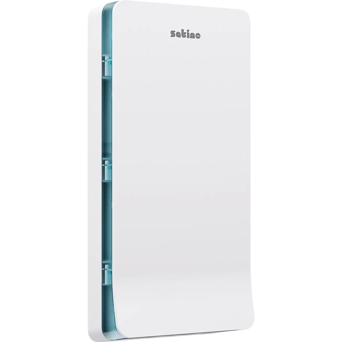 Appareil blanc et rectangulaire aux bords arrondis. Inscription "sabino". Accents bleus sur le côté.