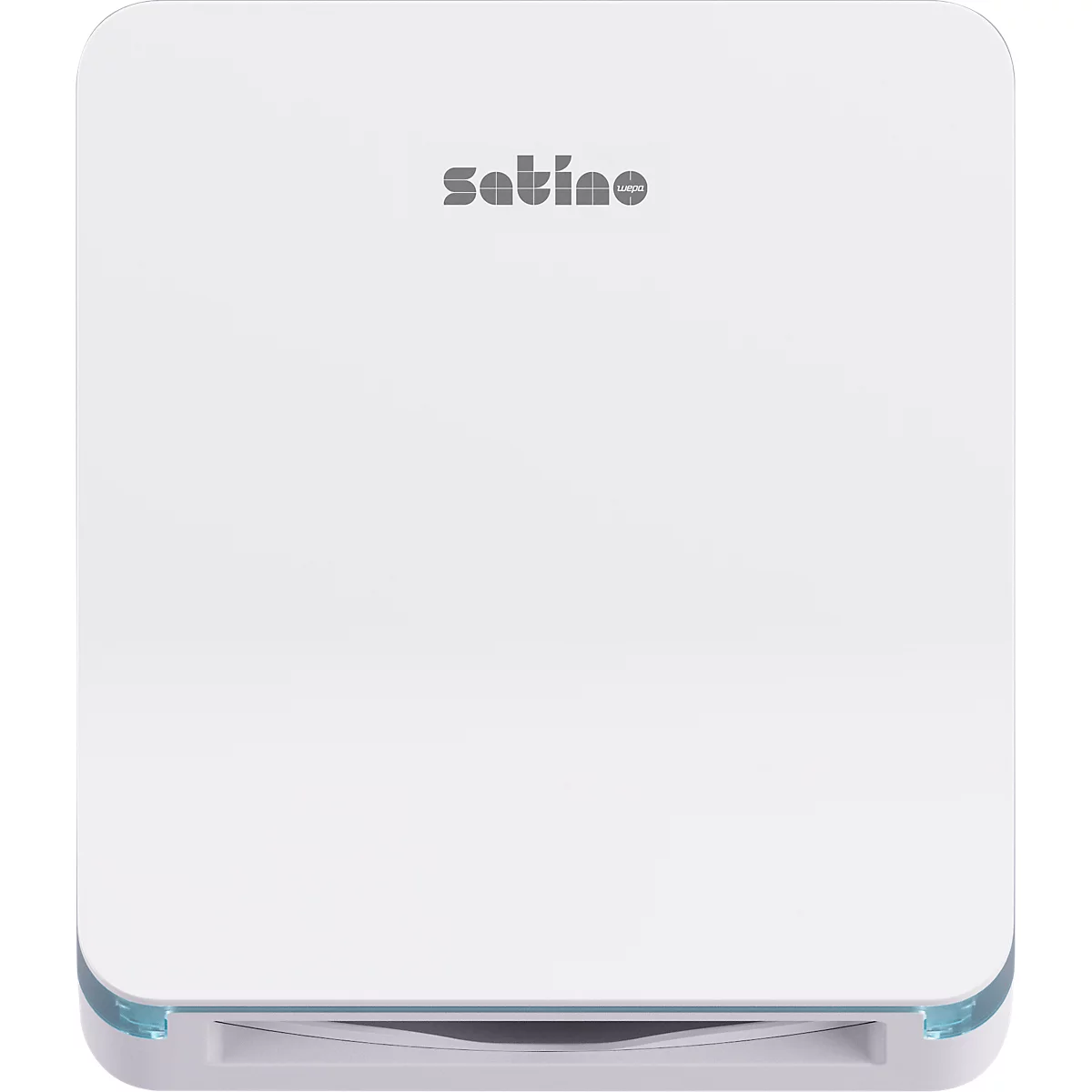 Balance personnelle blanche avec le mot "satino". Un petit renfoncement en bas.