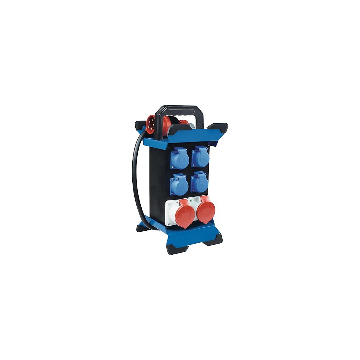 Distributeur d'alimentation noir avec prises bleues et rouges. Une poignée de transport en haut, cadre bleu.
