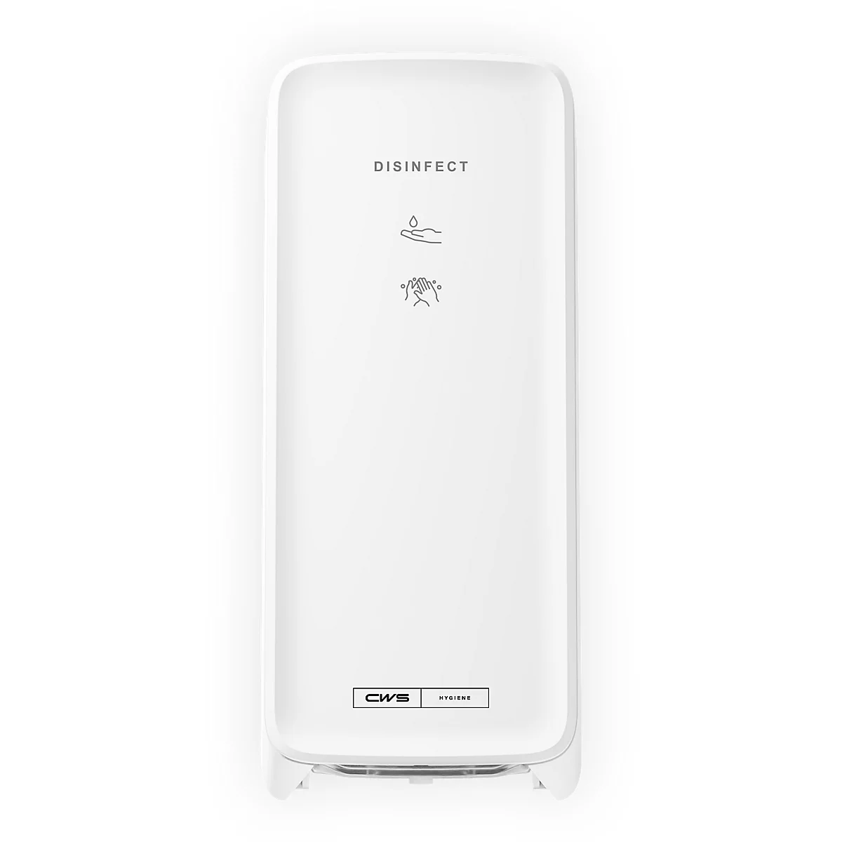 Distributeur de désinfectant blanc CWS avec icônes d'hygiène des mains sur fond blanc.