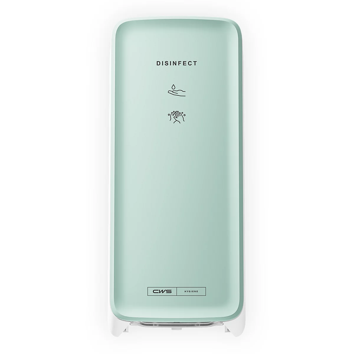 Distributeur de désinfectant CWS vert menthe avec icônes de mains et le texte DISINFECT.