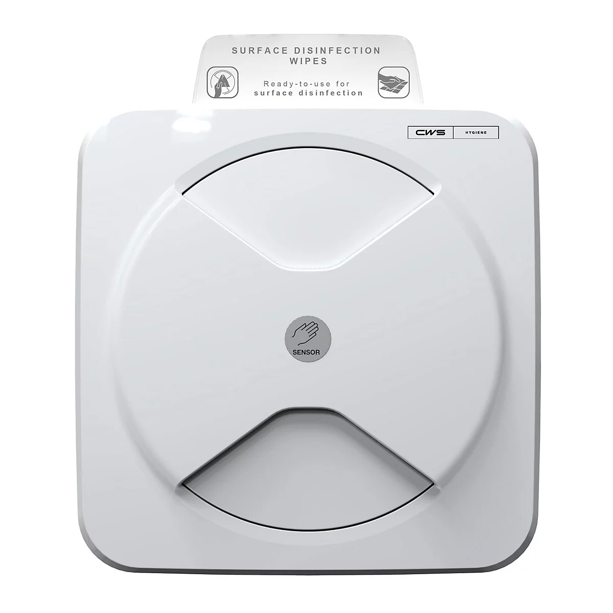 Distributeur blanc de lingettes désinfectantes CWS avec capteur et étiquette.