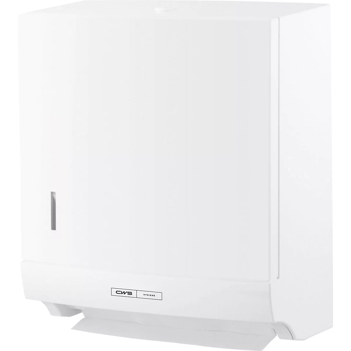 Distributeur d'essuie-mains blanc rectangulaire CWS à montage mural sur fond neutre.