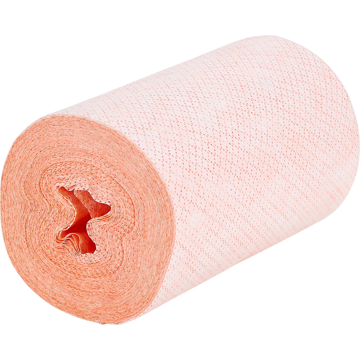 Gros plan sur un rouleau de tissu rose clair. Le rouleau est déroulé, le cœur est visible.