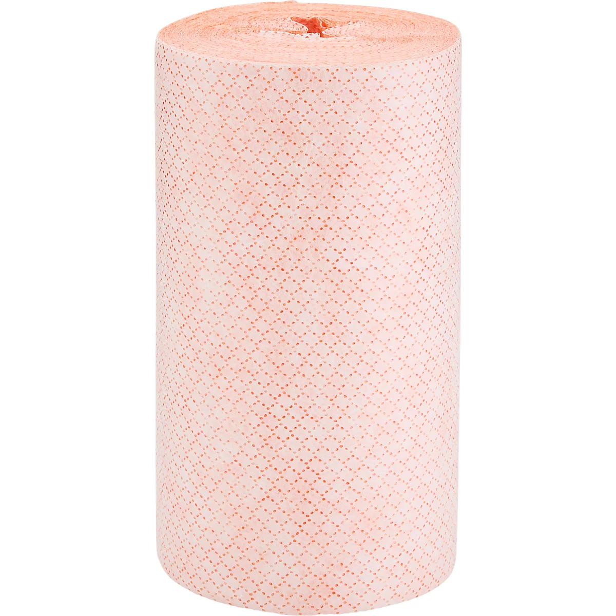 Rouleau cylindrique de tissu rose avec de fins points rouges. La surface semble légèrement texturée.