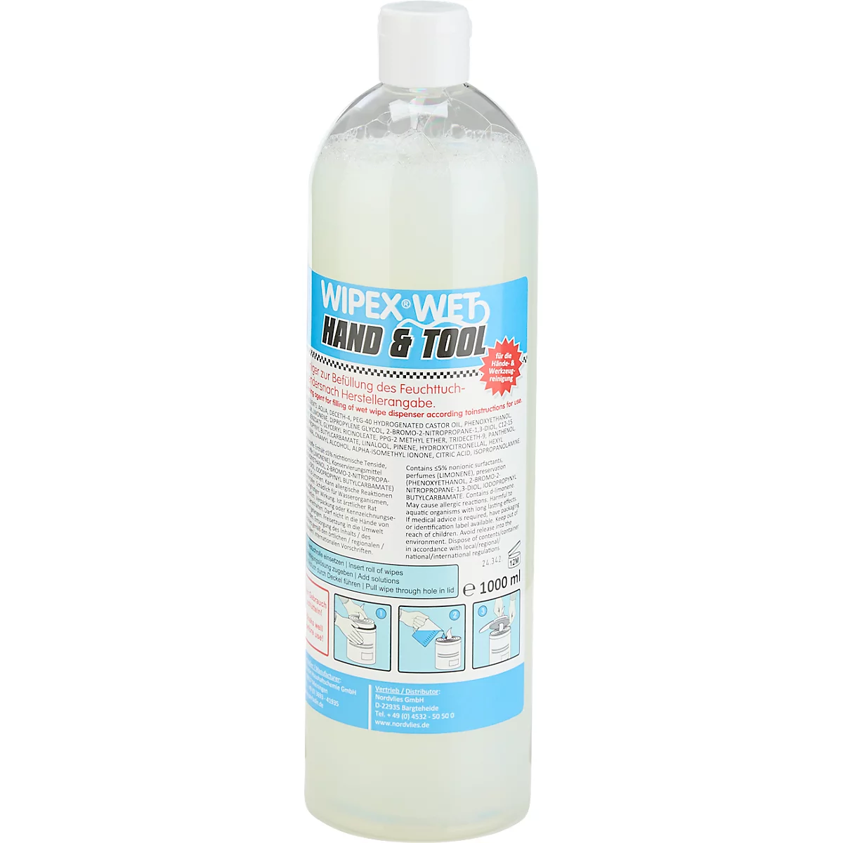 Une bouteille de nettoyant WIPEX-WET Hand & Tool. Le liquide est d'un jaune laiteux, avec des instructions détaillées imprimées au dos.