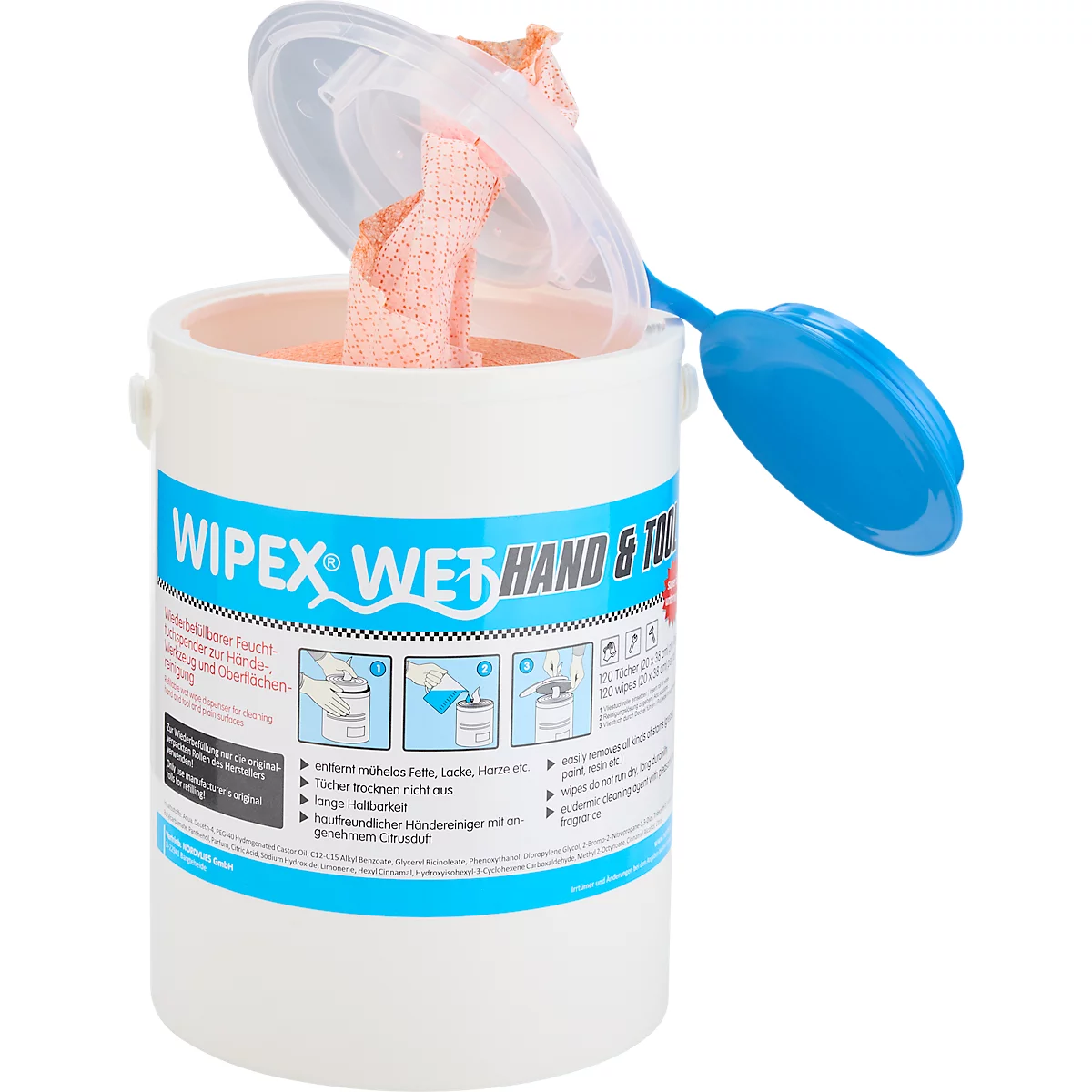Contenant blanc de lingettes nettoyantes avec couvercle bleu. Texte : WIPEX Wet Hand & Tool.