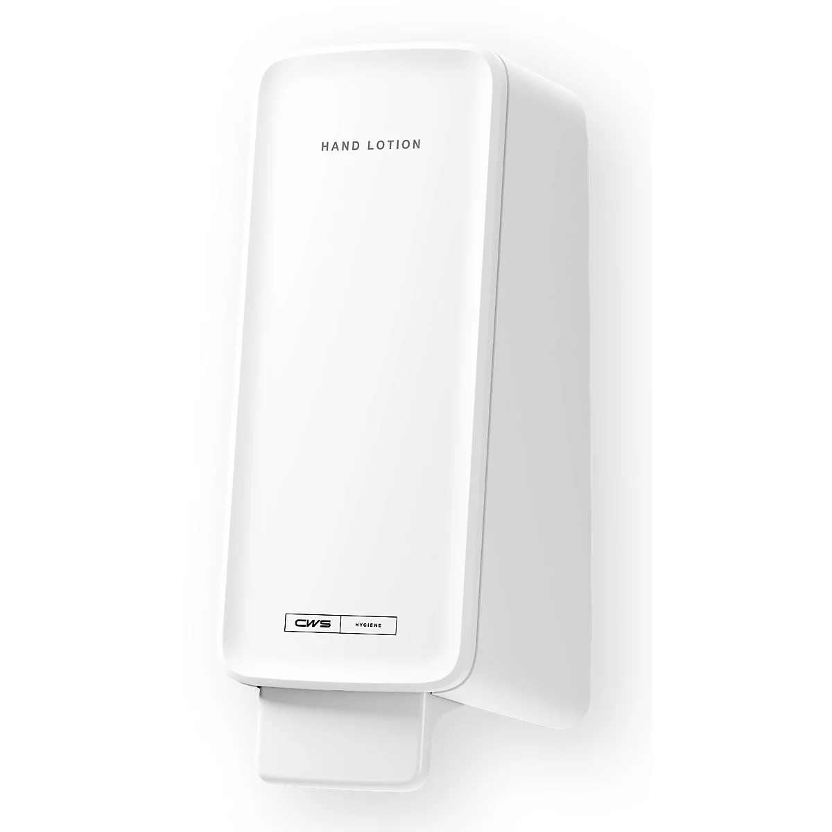 Distributeur de lotion pour les mains CWS blanc et minimaliste sur fond neutre.