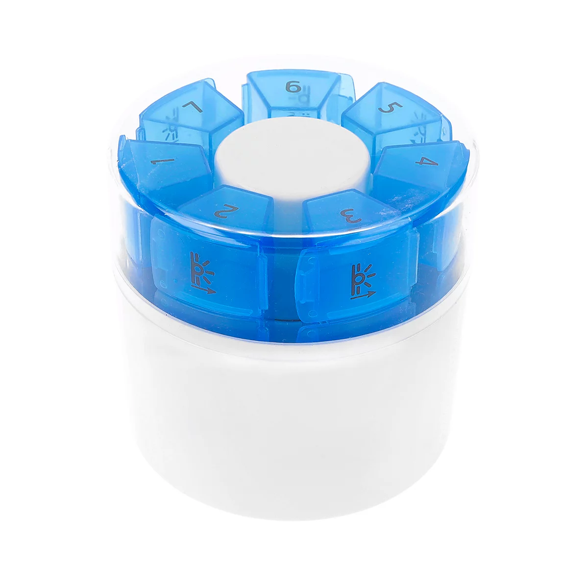 Pilulier rond avec sept compartiments bleus numérotés sur une base blanche.