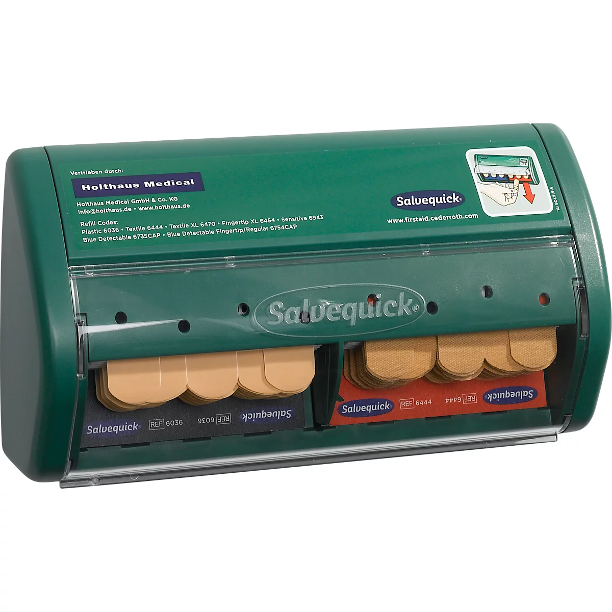 Distributeur de pansements vert avec inscription 'Solvequick' et pansements.