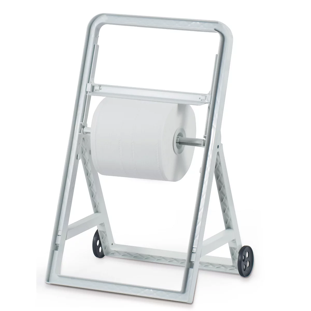 Support mobile gris avec un grand rouleau de papier blanc sur un support.