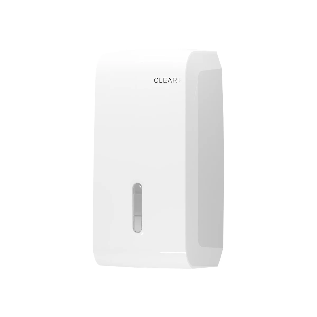 Distributeur de savon blanc avec inscription CLEAR+ et fenêtre de visualisation verticale sur fond neutre.