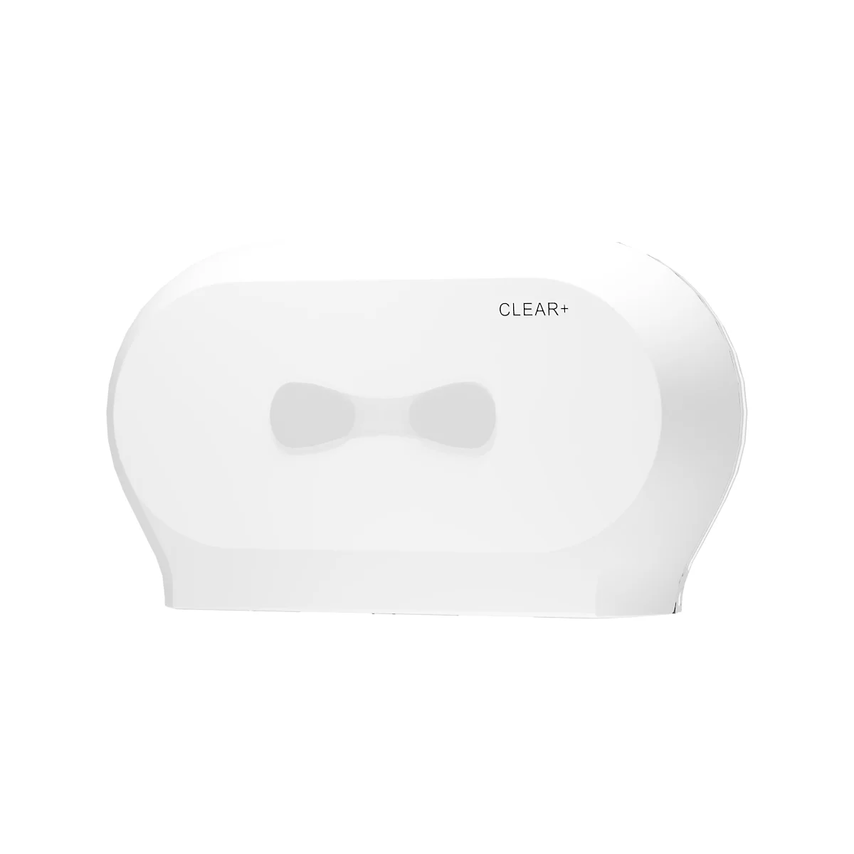 Distributeur de papier toilette blanc et ovale avec l'inscription CLEAR+ et une fenêtre de visualisation.