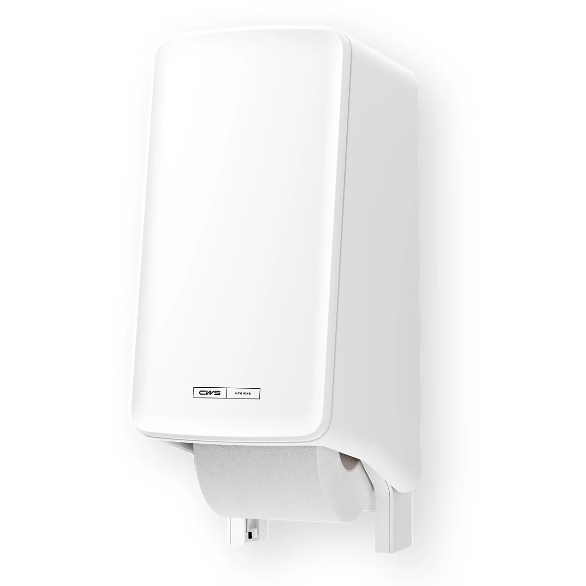 Un distributeur d'essuie-mains en papier blanc CWS fixé au mur avec un rouleau de papier visible.