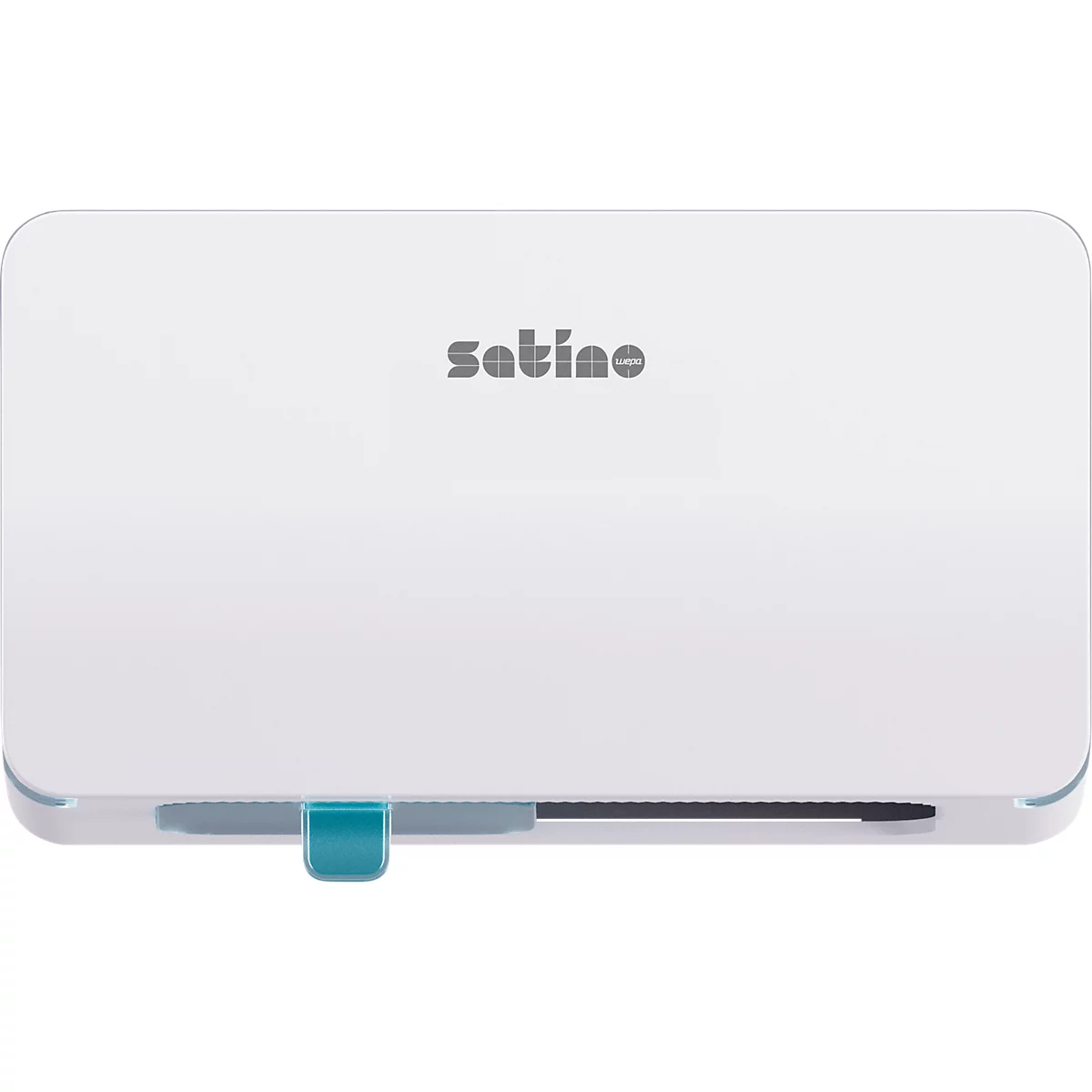 Appareil rectangulaire blanc avec l'inscription "satiné". En bas, un curseur avec un accent bleu.