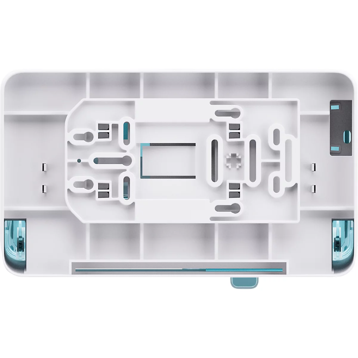 Vue de dessus d'une pièce en plastique blanc avec des accents bleus et des formes géométriques. Elle comprend des renfoncements et divers éléments de fixation.