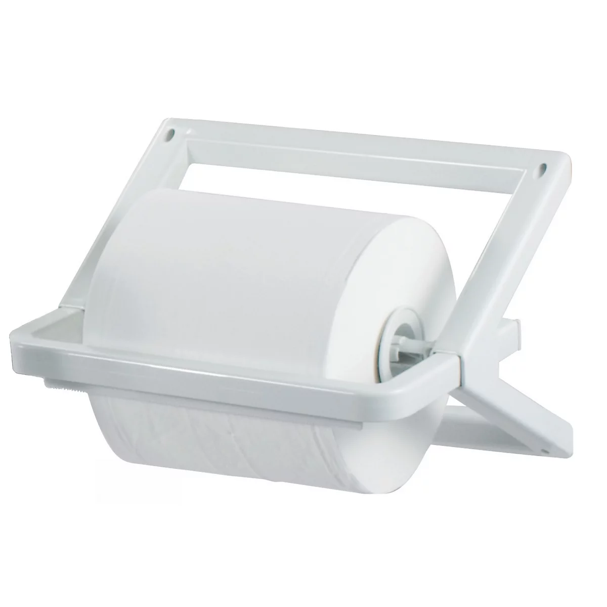 Un porte-papier toilette en plastique blanc avec un rouleau de papier toilette sur fond blanc.