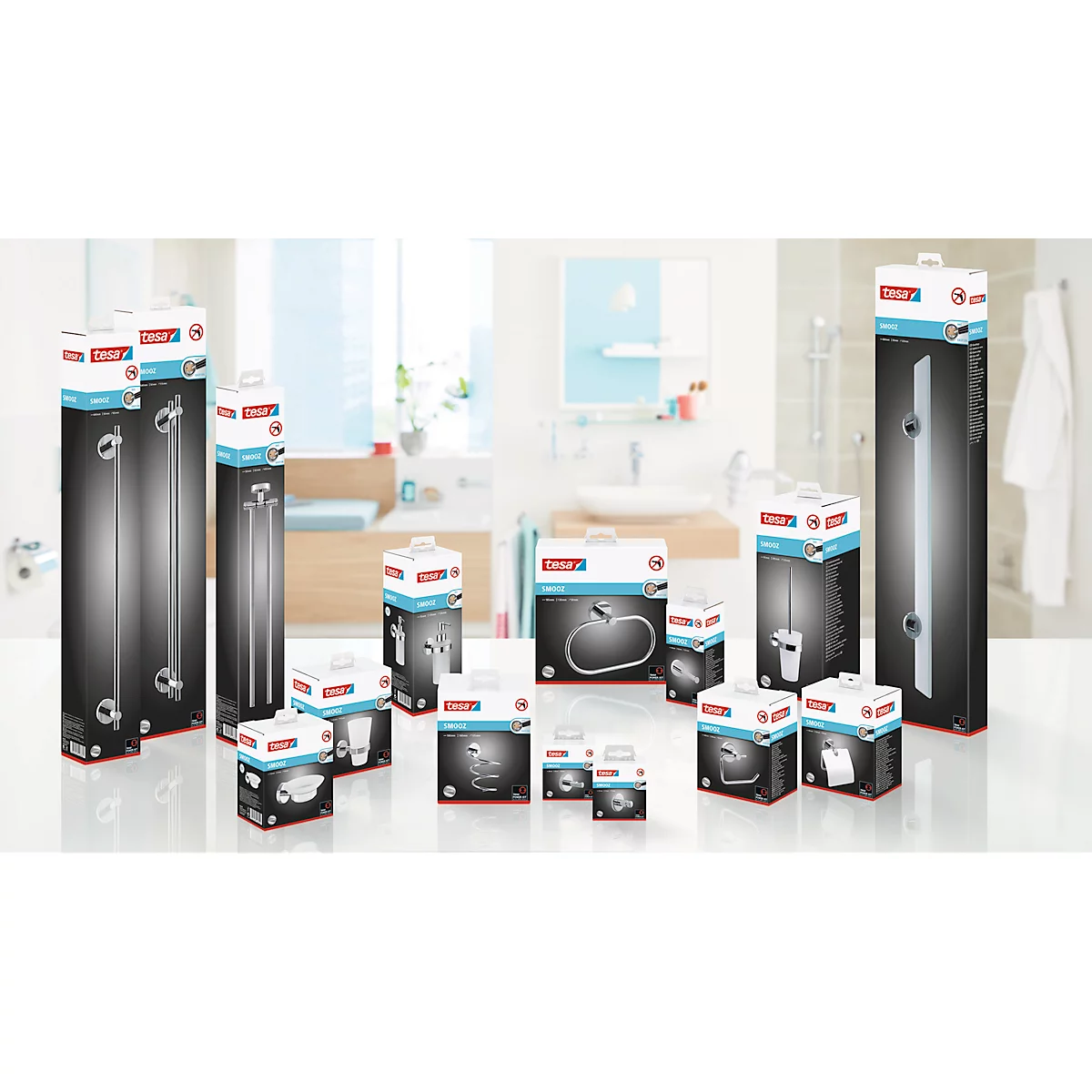 Distributeur de rouleaux de papier toilette tesa Smooz, fixation sans perçage, amovible, avec couvercle