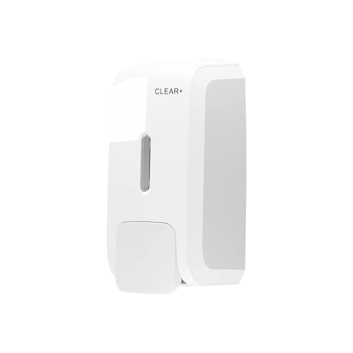 Distributeur de savon mural blanc avec fenêtre de visualisation et inscription CLEAR+ sur fond clair.