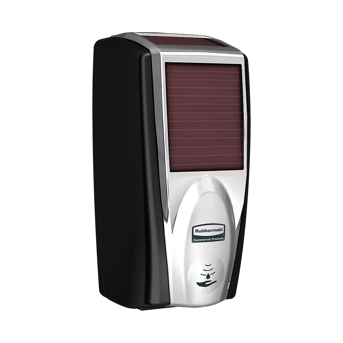 Distributeur de savon et de désinfectant Rubbermaid LumeCel, AutoFoam, 1100 ml, alimenté par la lumière, automatique &amp; sans contact, pour mur/support, chromé/noir
