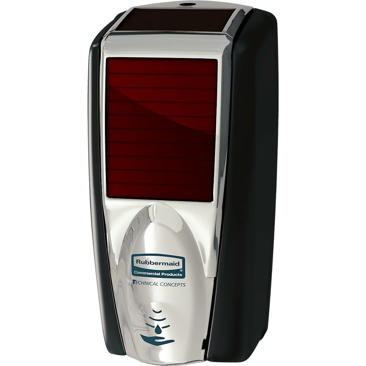Distributeur de savon et de désinfectant Rubbermaid LumeCel, AutoFoam, 1100 ml, alimenté par la lumière, automatique &amp; sans contact, pour mur/support, chromé/noir