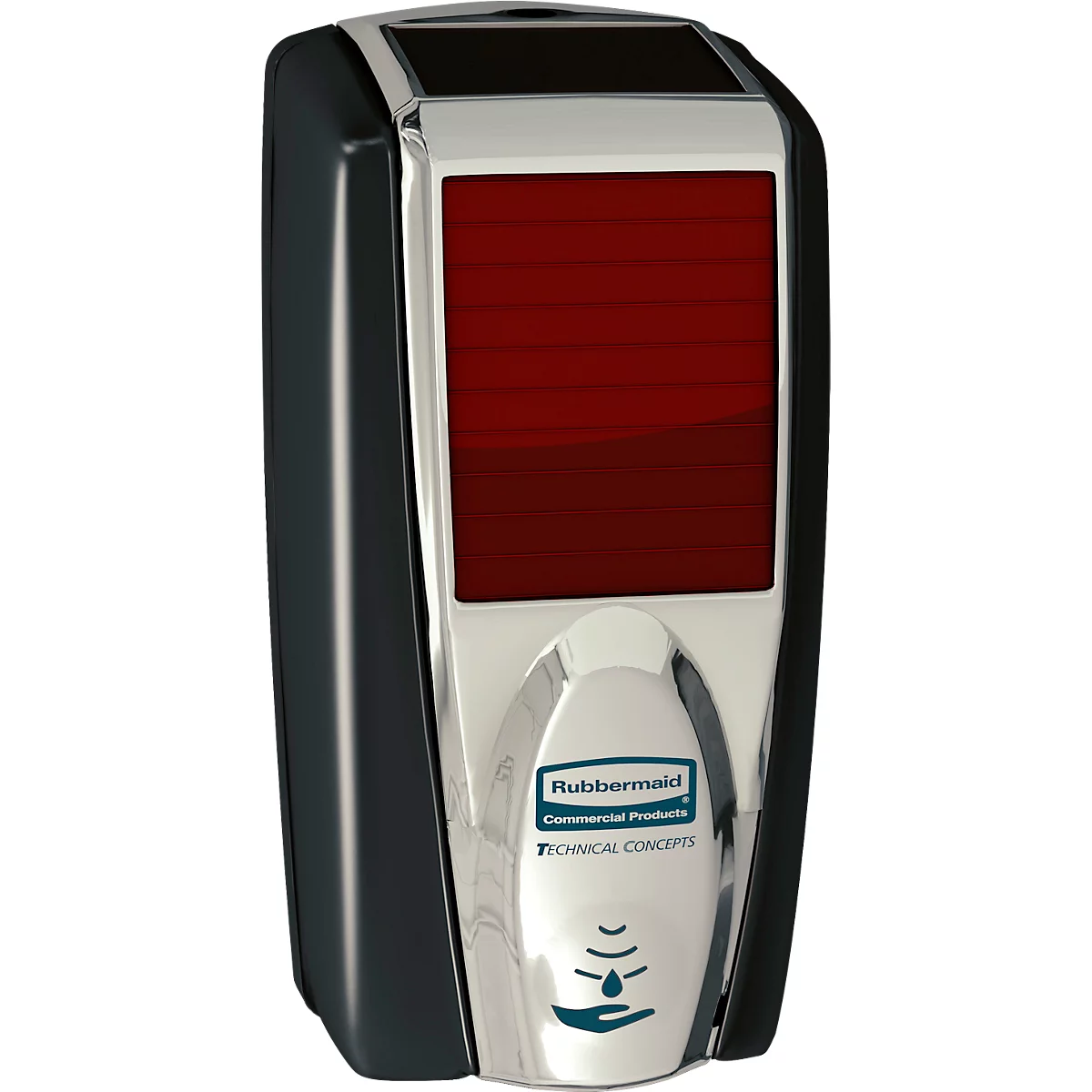 Distributeur de savon et de désinfectant Rubbermaid LumeCel, AutoFoam, 1100 ml, alimenté par la lumière, automatique &amp; sans contact, pour mur/support, chromé/noir
